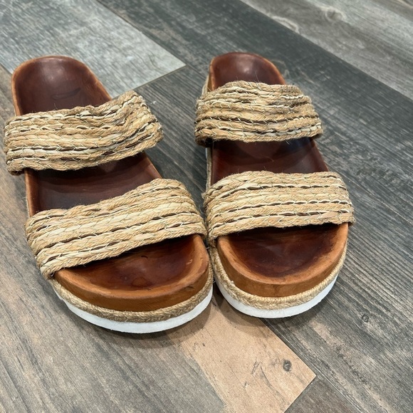 J Slides NYC Tan Raffia Gold Accent Leather Size 7.5 - Picture 2 of 10